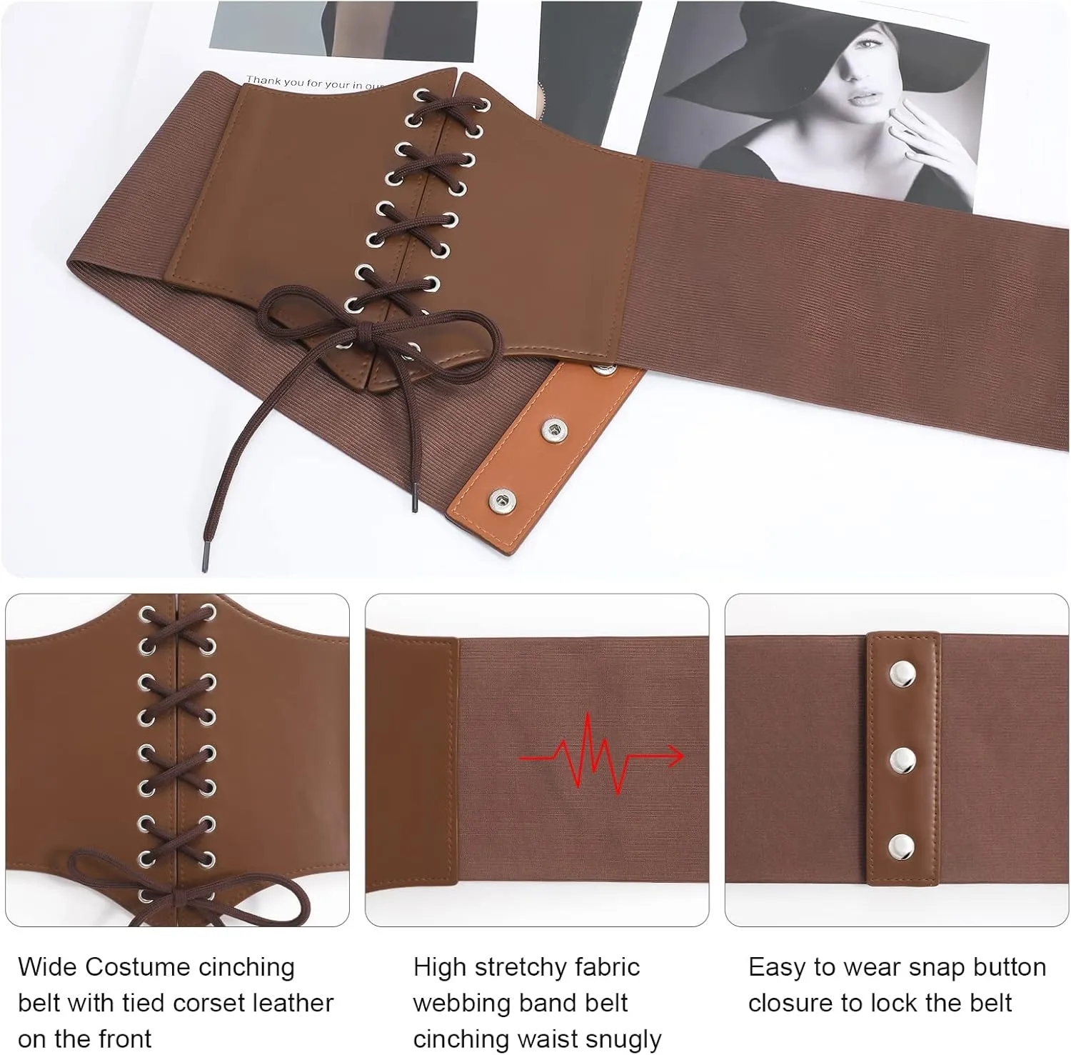 XZQTIVE Black Corset Waist Belt for Women, Wide Elastic Tie Waspie Belt for Dresses 4.7inch