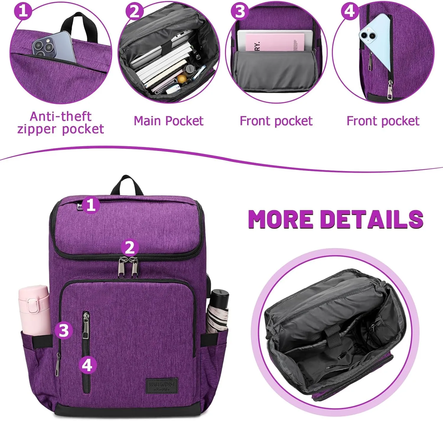 YALUNDISI Laptop Backpacks Travel Backpack Carry On Backpack Casual Daypack with USB Charging Port for Men Women Purple