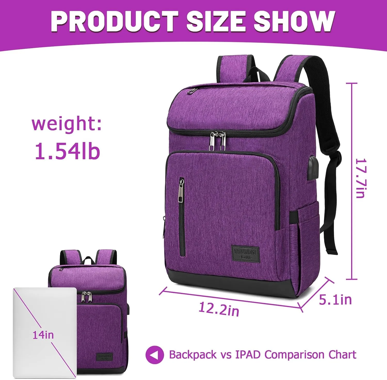 YALUNDISI Laptop Backpacks Travel Backpack Carry On Backpack Casual Daypack with USB Charging Port for Men Women Purple