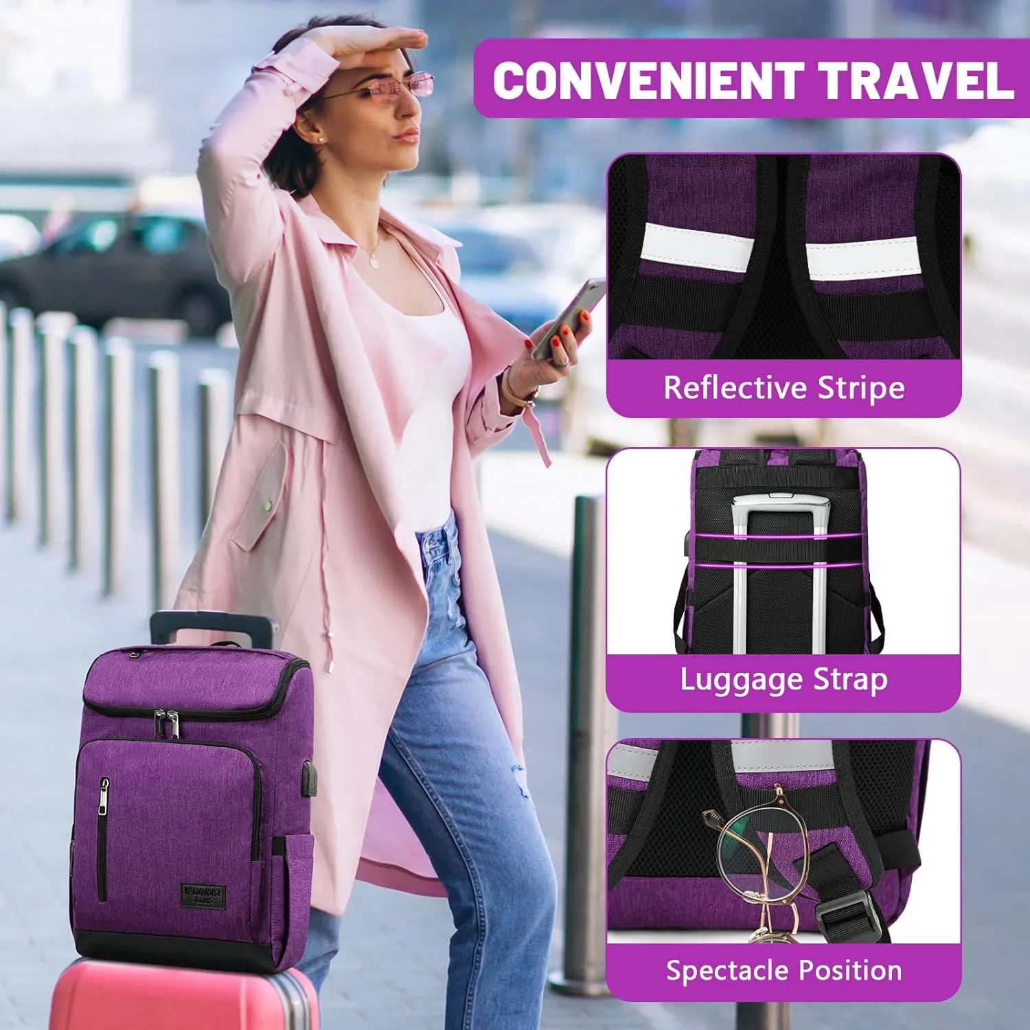 YALUNDISI Laptop Backpacks Travel Backpack Carry On Backpack Casual Daypack with USB Charging Port for Men Women Purple