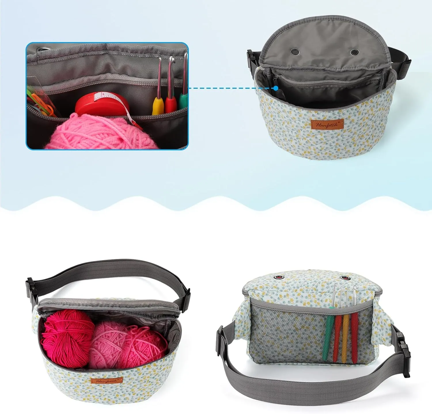 Yarn Crossbody Waist bag Small Yarn Storage Organizer for Yarn Skeins-Organizer for Crochet Hooks and Other Accessories (Rose-Grey)