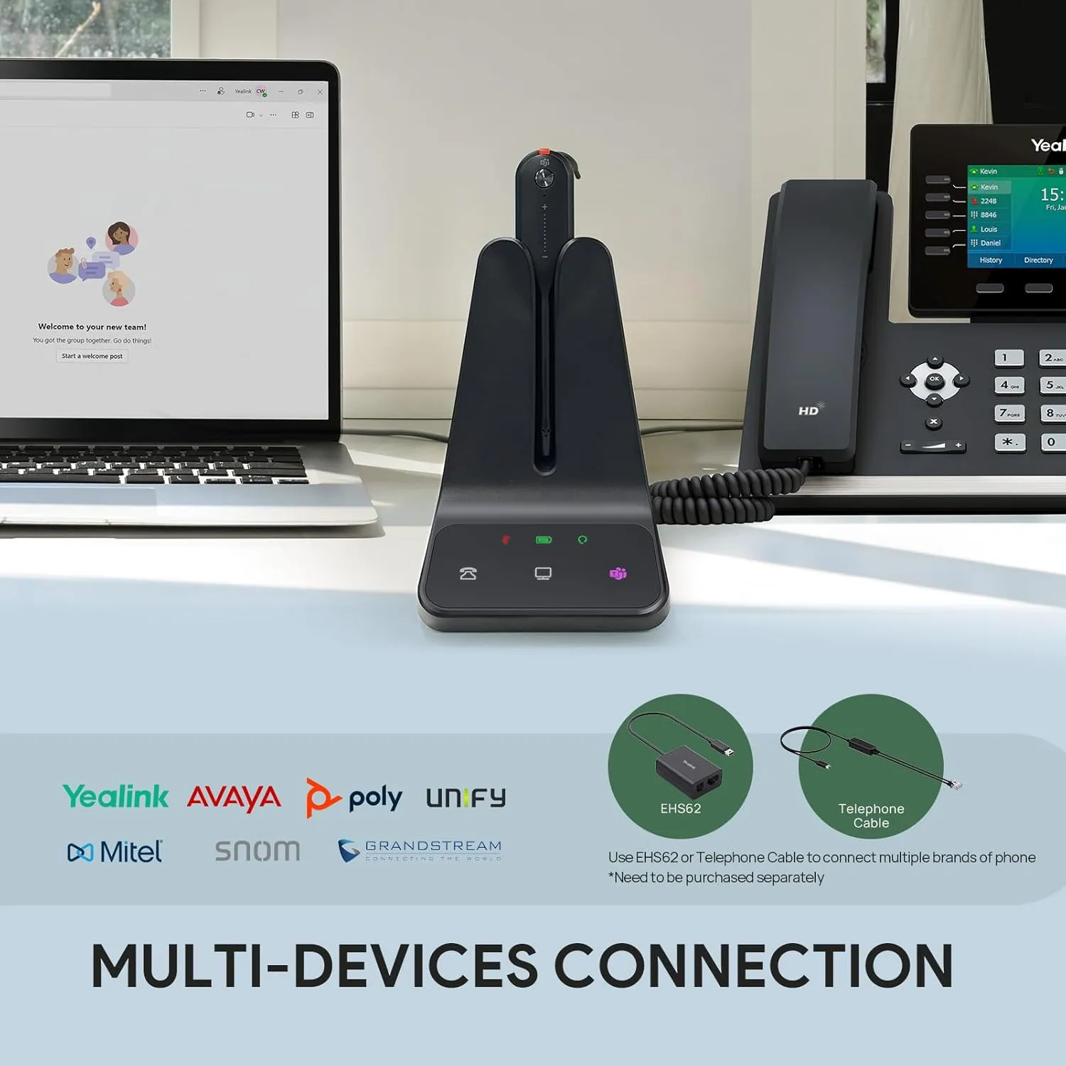 Yealink DECT Wireless Headset WH63 E2,Teams Certified,Single Ear(Mono) Office Headset for Desk Phone and Computer Softphone,Noise Cancelling Mic, 607Ft Range,3 Wearing Styles