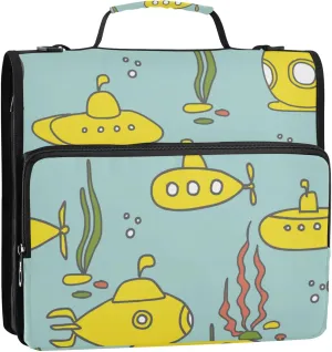 Yellow Submarines and Seaweed Zipper Binder, 1.5 inch 3 Ring Binder Organizer Bag with Shoulder Strap and Handle, 500 Sheet Capacity