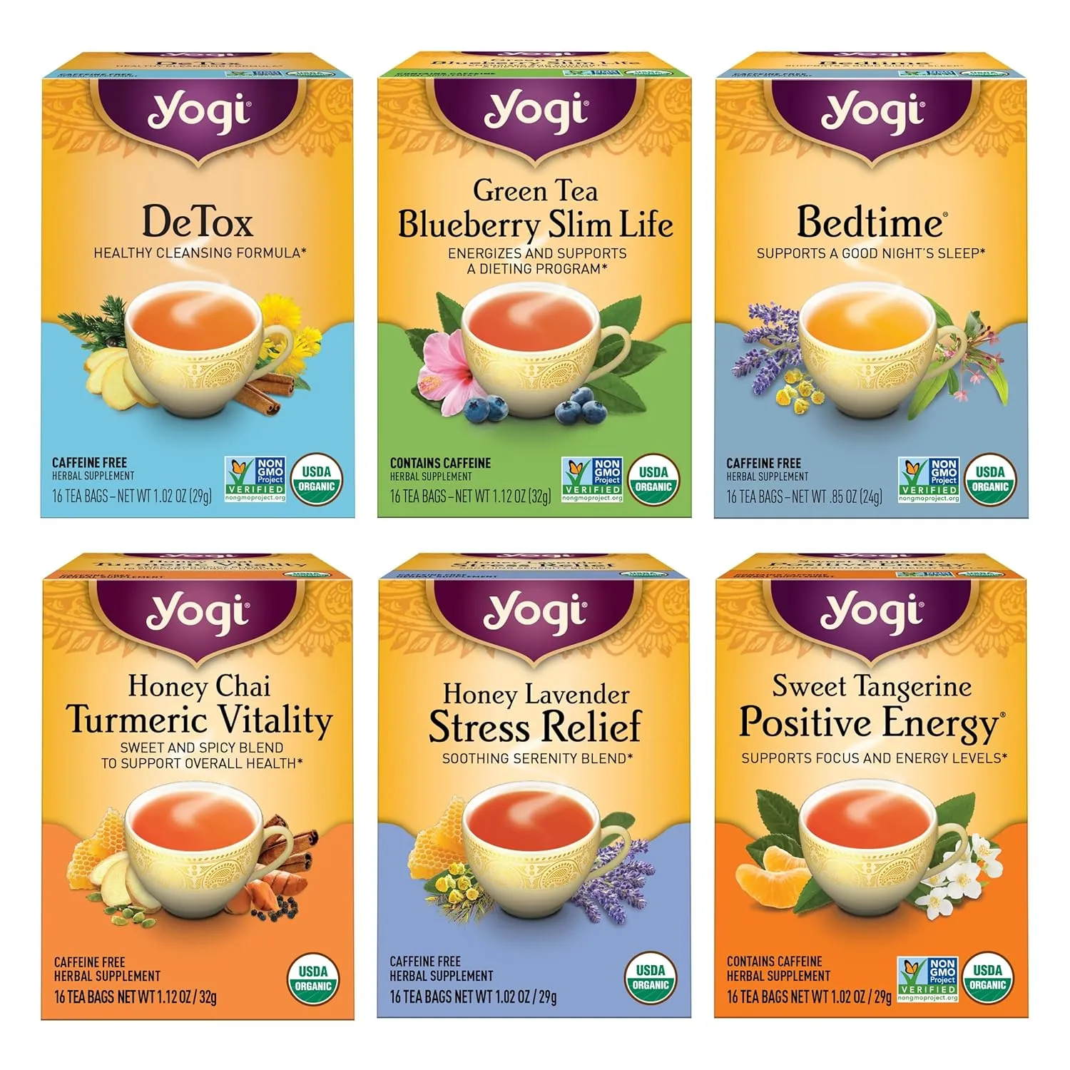 Yogi Tea Favorites Variety Sampler - 16 Bags per Pack (6 Packs) - Organic Tea Gift Box - Includes Sweet Tangerine Positive Energy, Honey Lavender Stress Relief, Bedtime & More