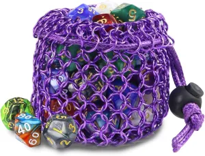 YOUSHARES Chainmail D&D Dice Bag for Dungeons and Dragons Drawstring Stainless Steel Dice Bag Dice Set (Hold 42 DND Dice, Purple)