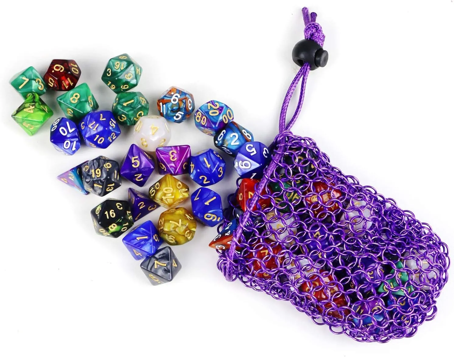 YOUSHARES Chainmail D&D Dice Bag for Dungeons and Dragons Drawstring Stainless Steel Dice Bag Dice Set (Hold 42 DND Dice, Purple)