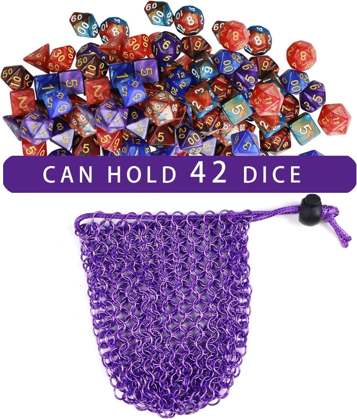 YOUSHARES Chainmail D&D Dice Bag for Dungeons and Dragons Drawstring Stainless Steel Dice Bag Dice Set (Hold 42 DND Dice, Purple)