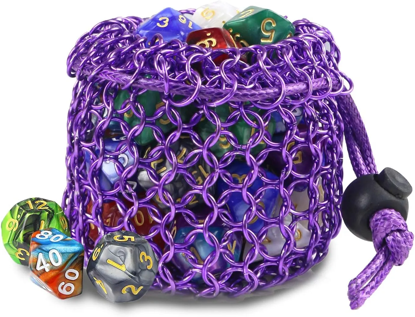 YOUSHARES Chainmail D&D Dice Bag for Dungeons and Dragons Drawstring Stainless Steel Dice Bag Dice Set (Hold 42 DND Dice, Purple)