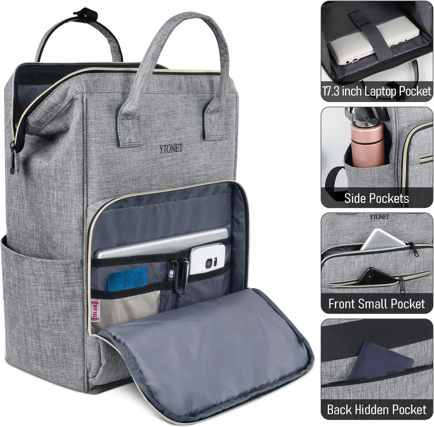 Ytonet Backpack for Women with Laptop Compartment and RFID USB Port, 17.3 Inch Traveling Backpack Personal Item Travel Bag with Anti Theft Procket, Water Resistant Airline Carry On Work Bag, Grey