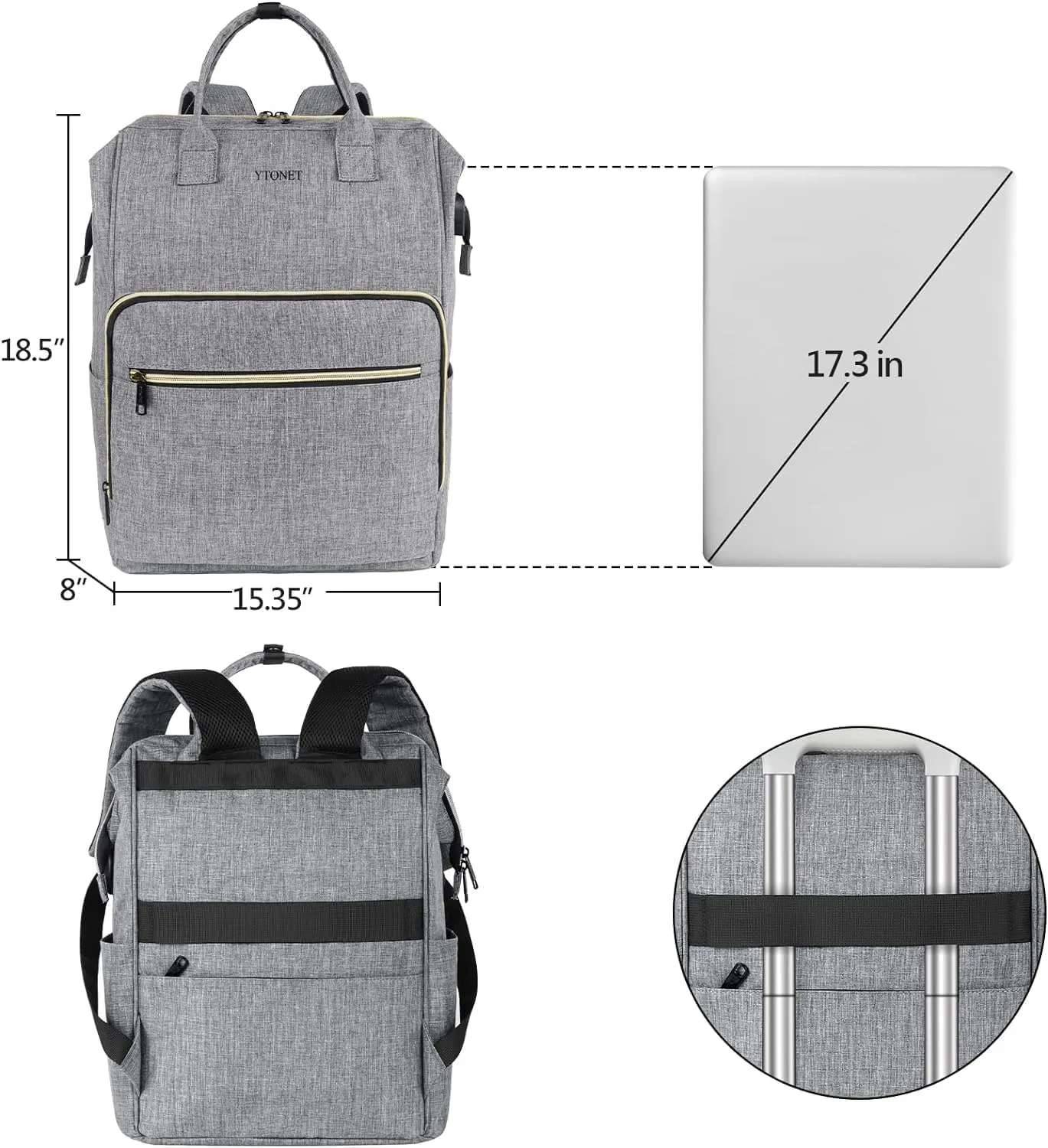 Ytonet Backpack for Women with Laptop Compartment and RFID USB Port, 17.3 Inch Traveling Backpack Personal Item Travel Bag with Anti Theft Procket, Water Resistant Airline Carry On Work Bag, Grey