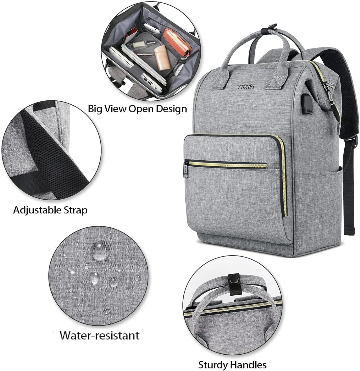 Ytonet Backpack for Women with Laptop Compartment and RFID USB Port, 17.3 Inch Traveling Backpack Personal Item Travel Bag with Anti Theft Procket, Water Resistant Airline Carry On Work Bag, Grey