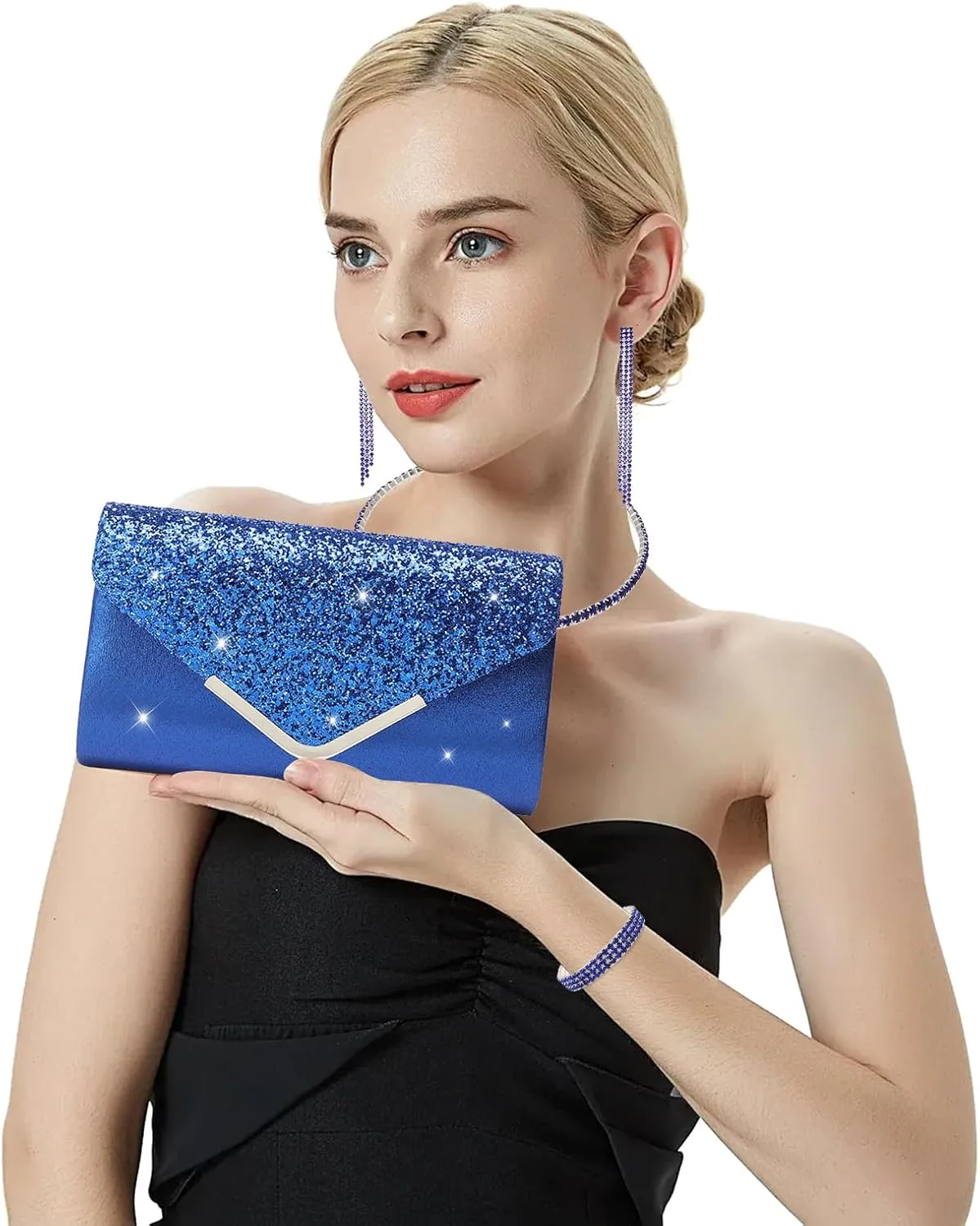 YYW 4 Pieces Women Evening Handbags Clutch Purse Bag with Rhinestone Crystal Jewelry Set for Wedding Party