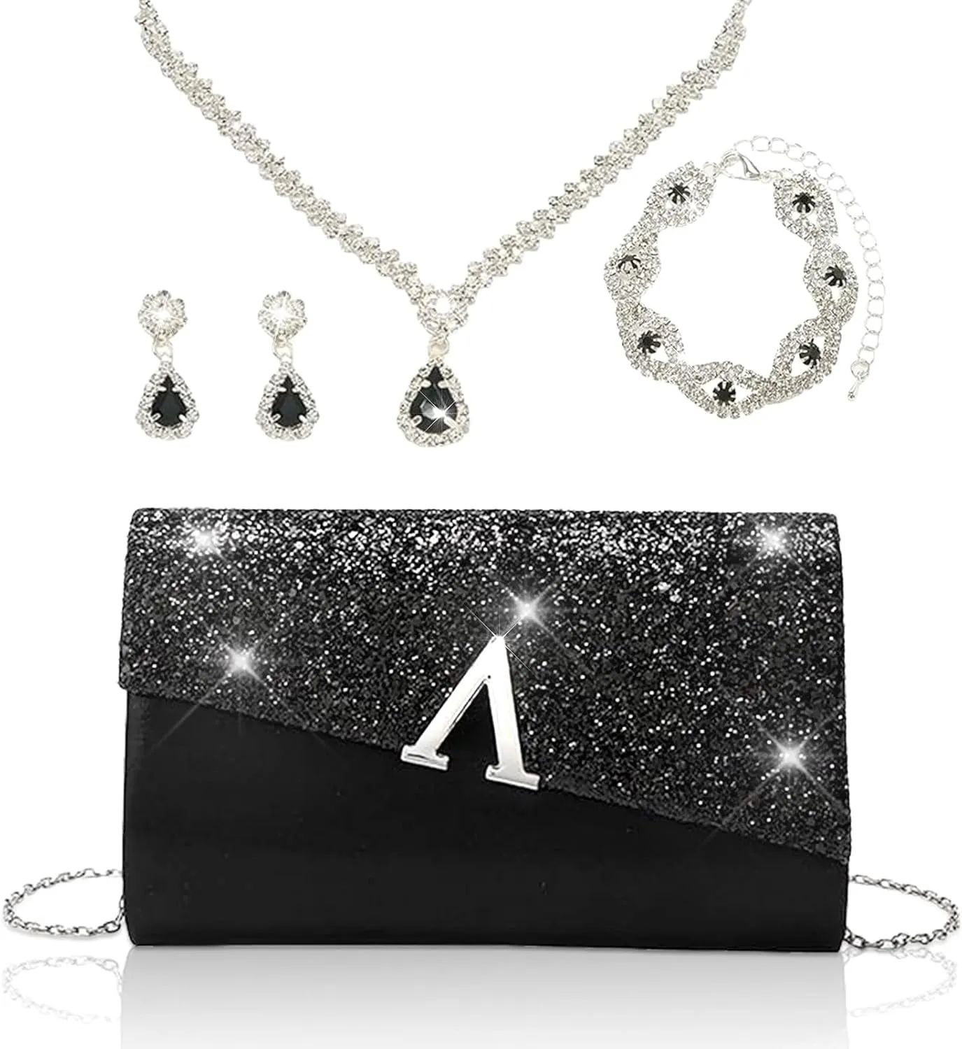 YYW 4 Pieces Women Evening Handbags Clutch Purse Bag with Rhinestone Crystal Jewelry Set for Wedding Party