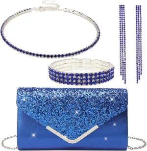 YYW 4 Pieces Women Evening Handbags Clutch Purse Bag with Rhinestone Crystal Jewelry Set for Wedding Party