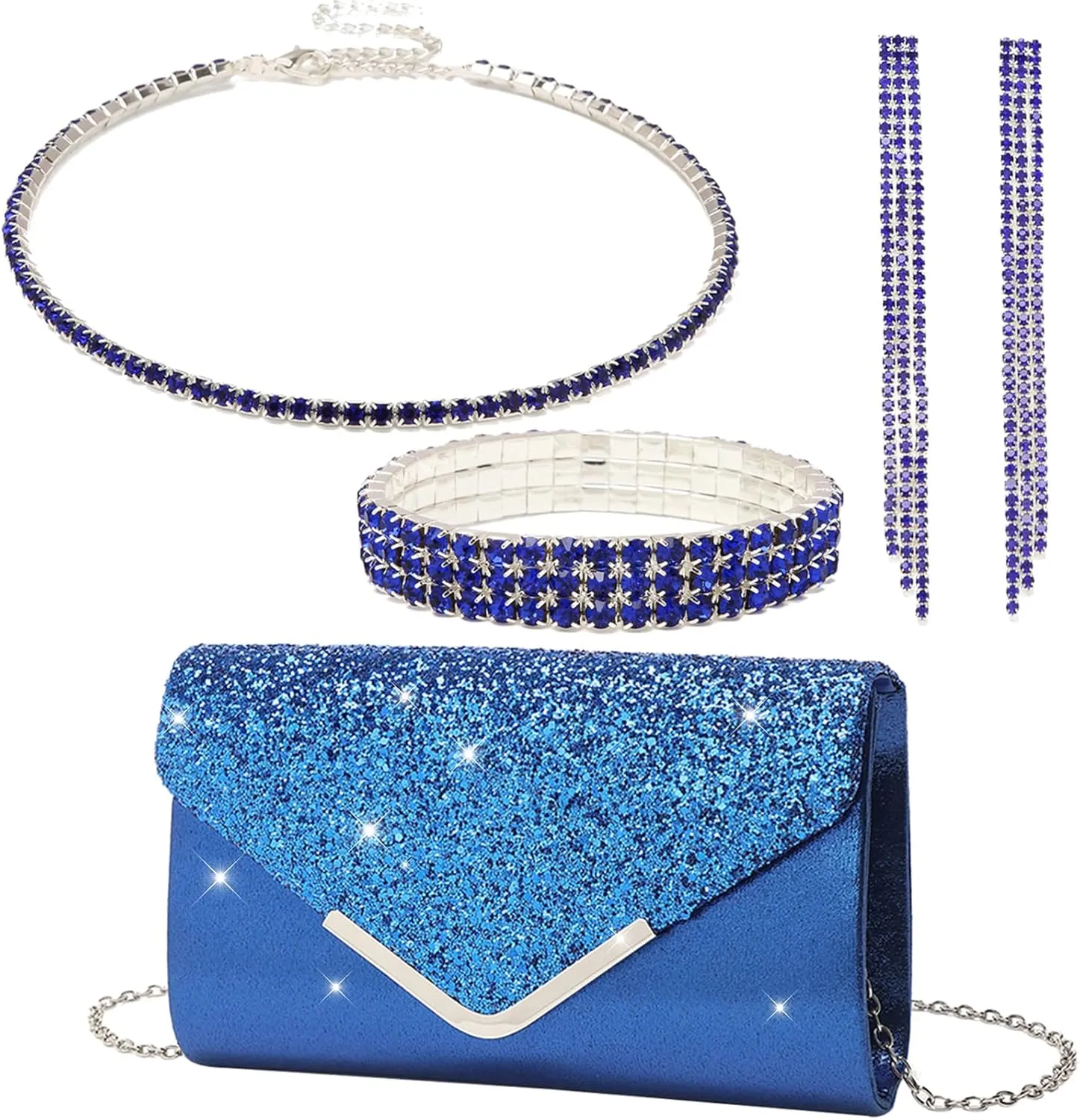 YYW 4 Pieces Women Evening Handbags Clutch Purse Bag with Rhinestone Crystal Jewelry Set for Wedding Party