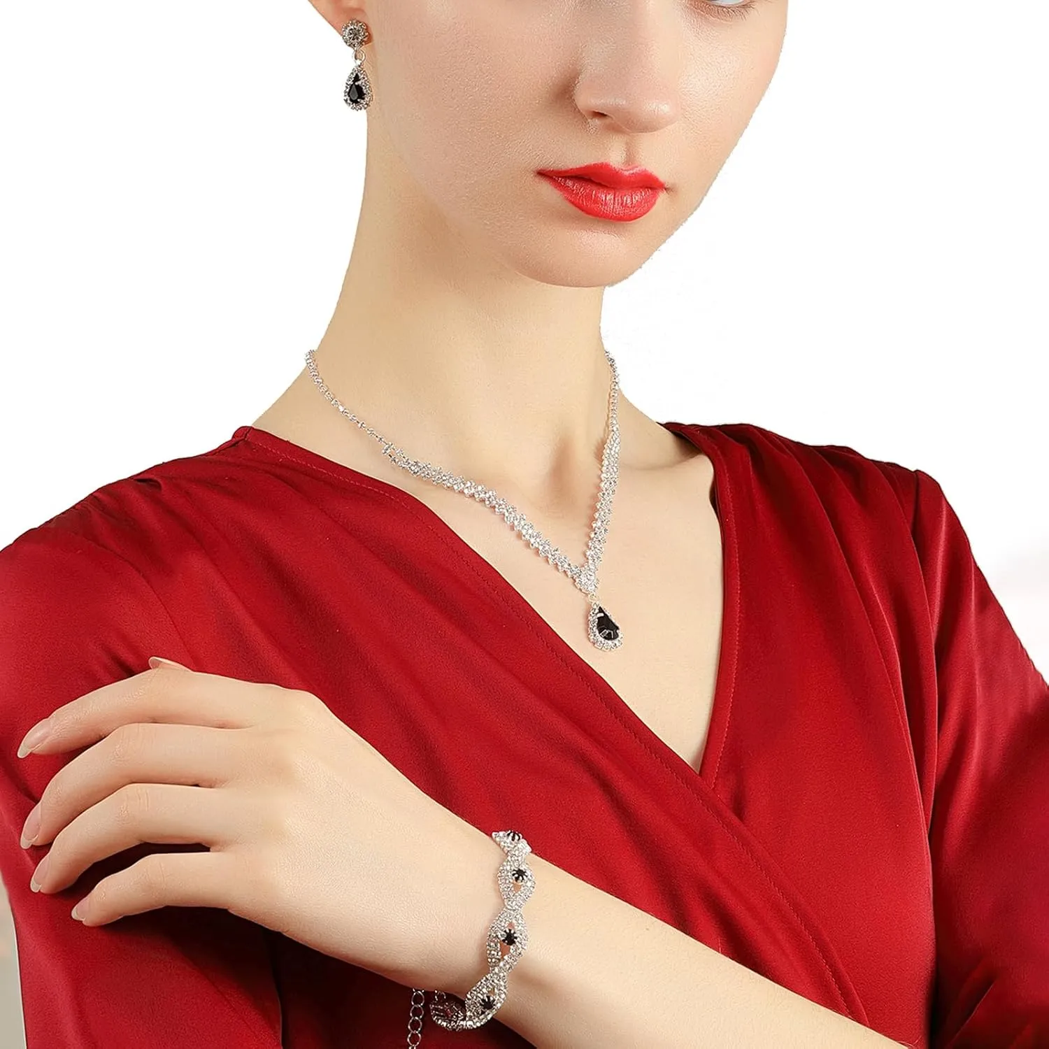 YYW 4 Pieces Women Evening Handbags Clutch Purse Bag with Rhinestone Crystal Jewelry Set for Wedding Party
