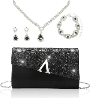 YYW 4 Pieces Women Evening Handbags Clutch Purse Bag with Rhinestone Crystal Jewelry Set for Wedding Party