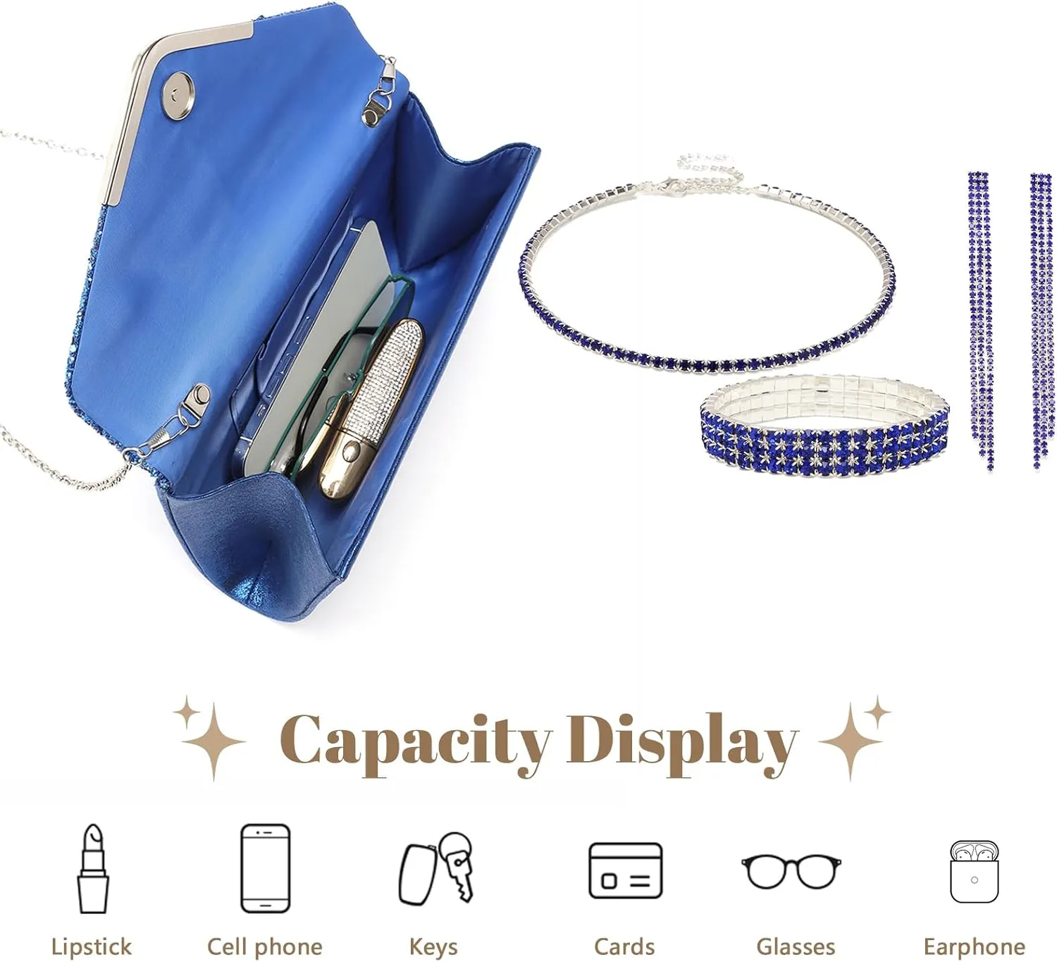 YYW 4 Pieces Women Evening Handbags Clutch Purse Bag with Rhinestone Crystal Jewelry Set for Wedding Party