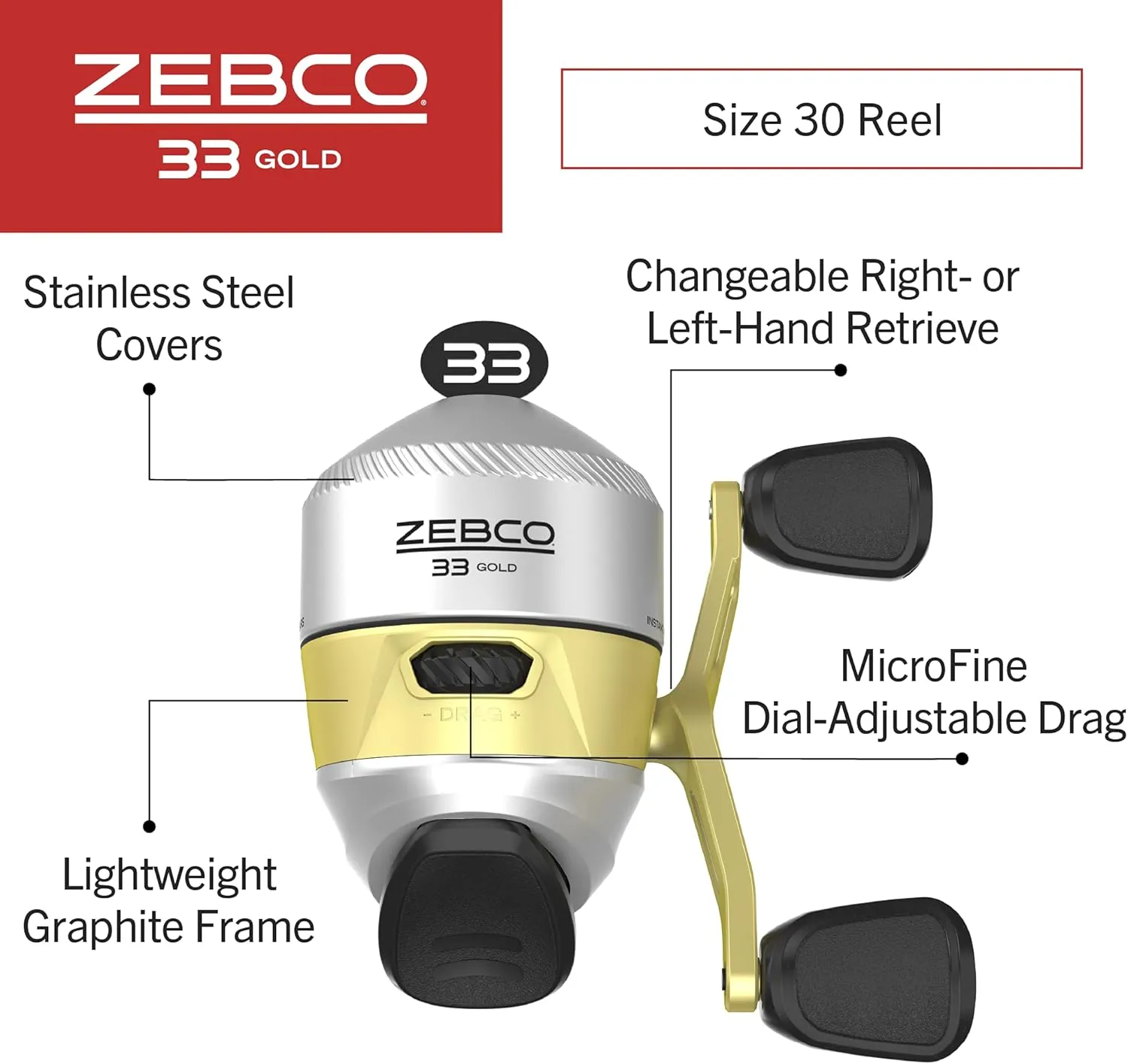 Zebco 33 Gold Spincast Fishing Reel, Changeable Right or Left-Hand Retrieve, All-Metal Gears, Pre-Spooled with Zebco Cajun Fishing Line, Silver/Gold