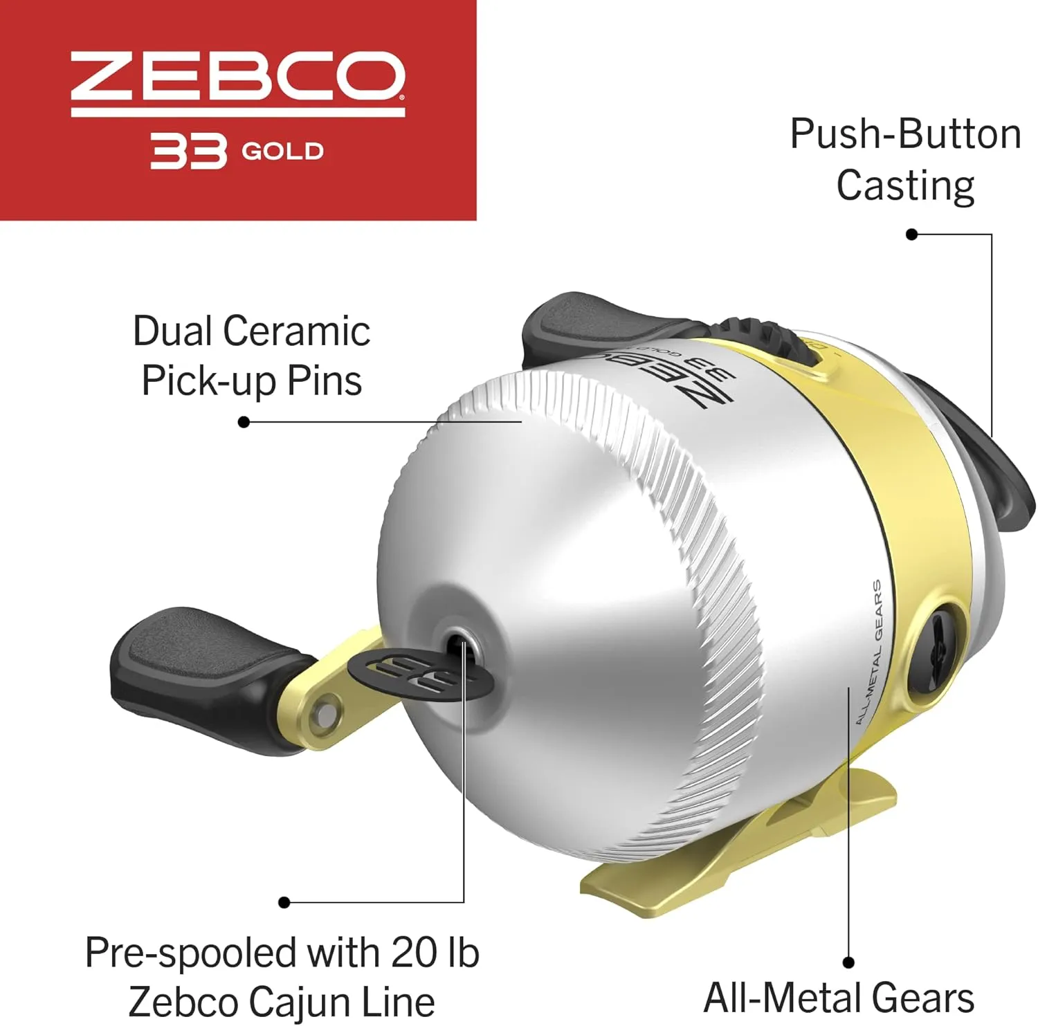 Zebco 33 Gold Spincast Fishing Reel, Changeable Right or Left-Hand Retrieve, All-Metal Gears, Pre-Spooled with Zebco Cajun Fishing Line, Silver/Gold