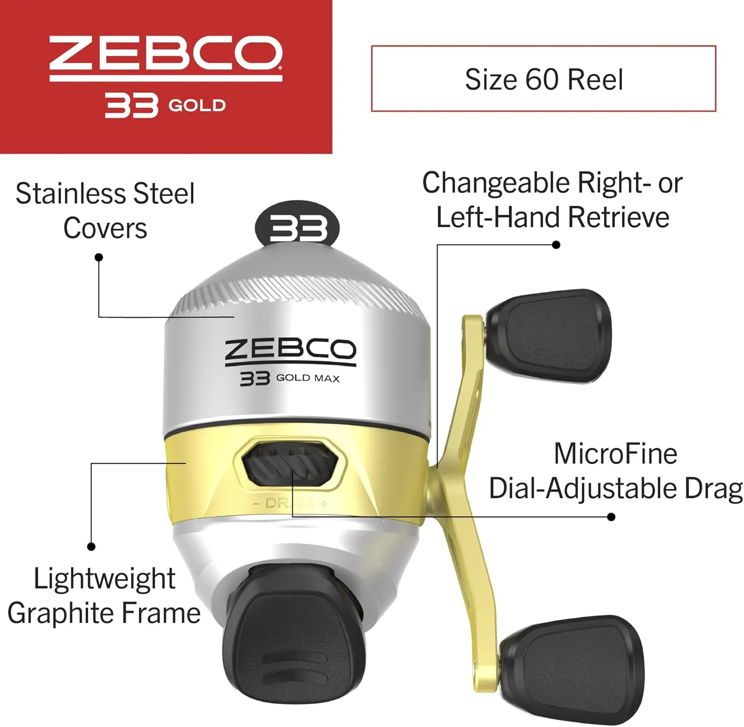 Zebco 33 Gold Spincast Fishing Reel, Changeable Right or Left-Hand Retrieve, All-Metal Gears, Pre-Spooled with Zebco Cajun Fishing Line, Silver/Gold