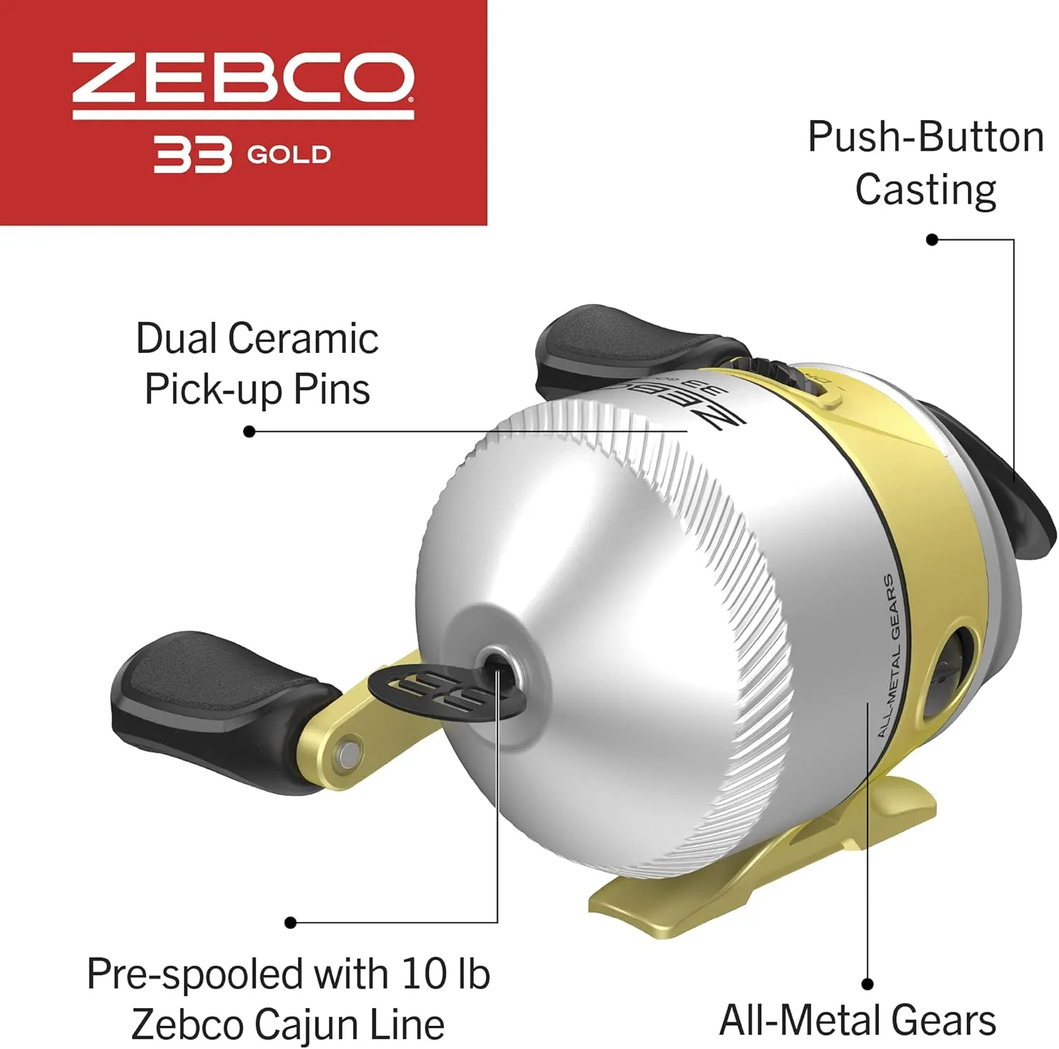 Zebco 33 Gold Spincast Fishing Reel, Changeable Right or Left-Hand Retrieve, All-Metal Gears, Pre-Spooled with Zebco Cajun Fishing Line, Silver/Gold