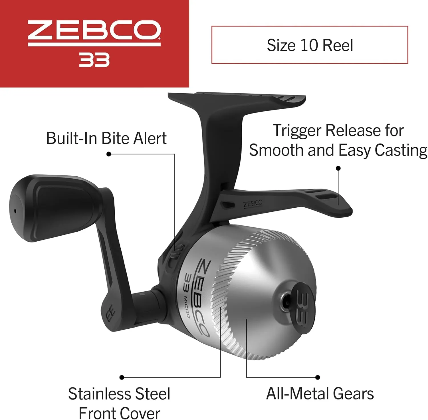 Zebco 33 Spincast Fishing Reel, Changeable Right or Left-Hand Retrieve, Built-in Bite Alert, All-Metal Gears, Pre-Spooled with Zebco Cajun Line