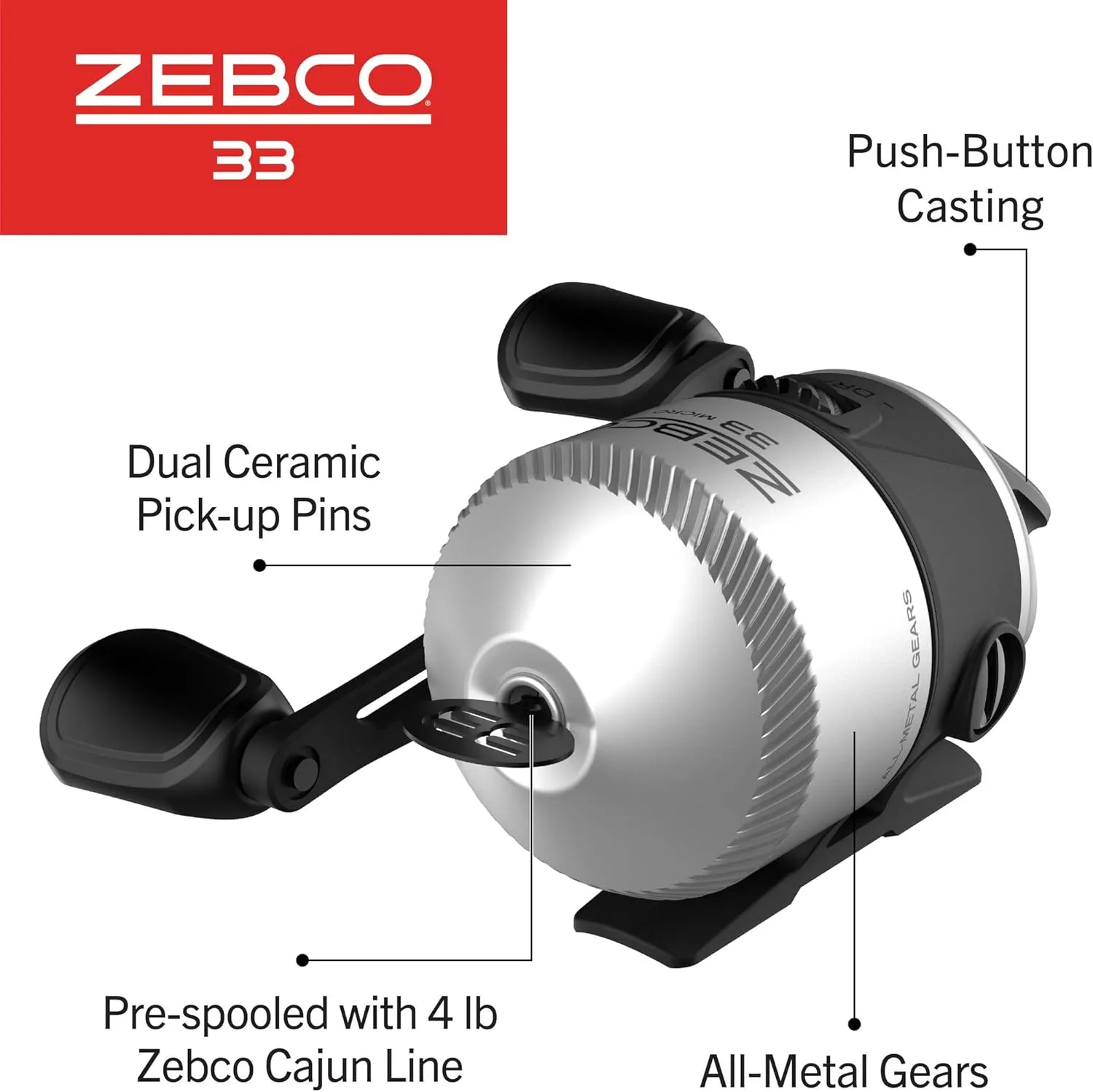 Zebco 33 Spincast Fishing Reel, Changeable Right or Left-Hand Retrieve, Built-in Bite Alert, All-Metal Gears, Pre-Spooled with Zebco Cajun Line