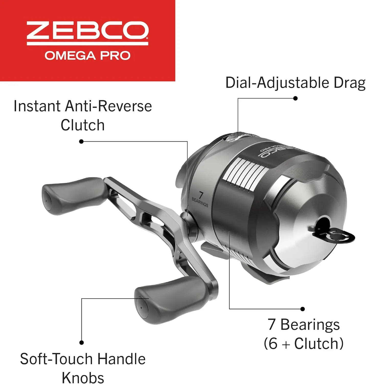Zebco Omega Pro Spincast Fishing Reel, Dual Ceramic Pick-up Pins, Solid-Brass Pinion Gear, GlideLine ll Line Retrieval System, Pre-Spooled, Black