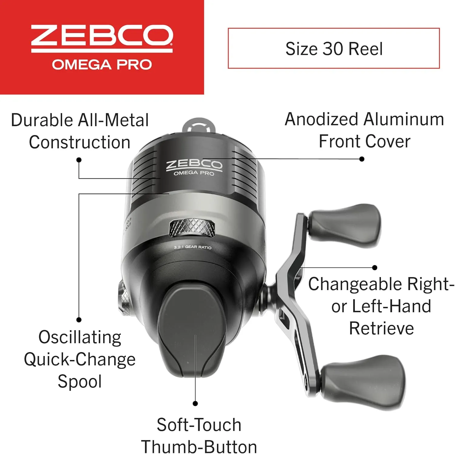 Zebco Omega Pro Spincast Fishing Reel, Dual Ceramic Pick-up Pins, Solid-Brass Pinion Gear, GlideLine ll Line Retrieval System, Pre-Spooled, Black