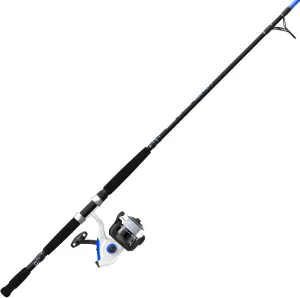 Zebco Salt Fisher Bite Alert Spinning Reel and Fishing Rod Combo, 7-Foot 2-Piece Medium-Heavy Power, Moderate Action Fiberglass Rod, 60-Size Reel, Right/Left Retrieve, 20-Pound Line, Blue/White/Black