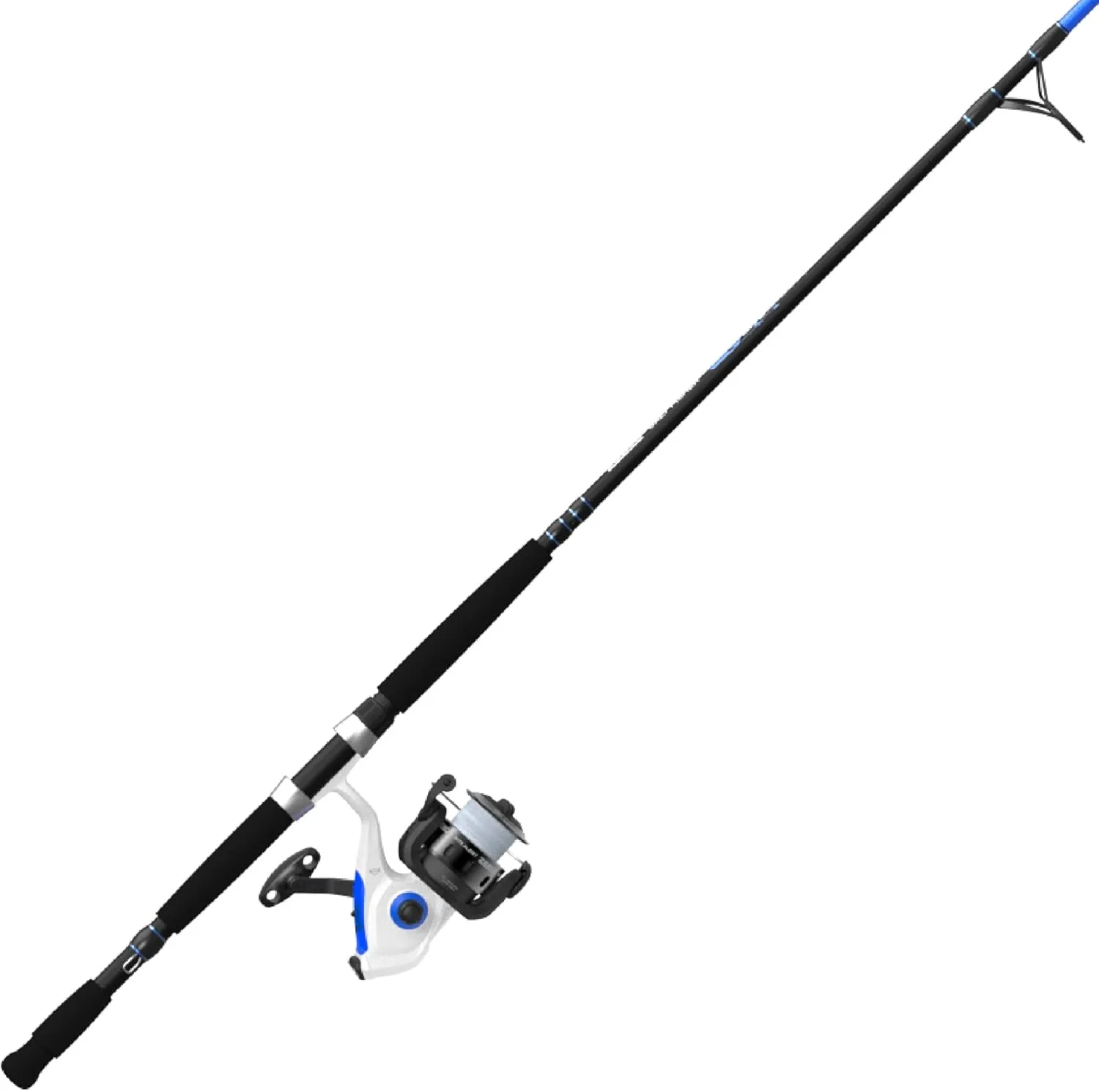 Zebco Salt Fisher Bite Alert Spinning Reel and Fishing Rod Combo, 7-Foot 2-Piece Medium-Heavy Power, Moderate Action Fiberglass Rod, 60-Size Reel, Right/Left Retrieve, 20-Pound Line, Blue/White/Black
