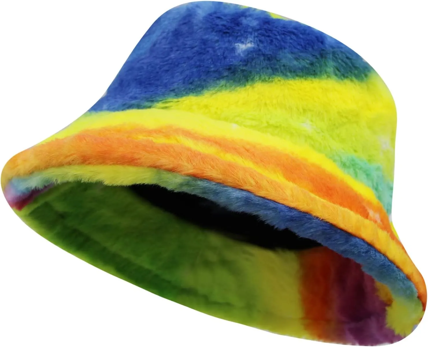 ZGMYC Women Girls Tie Dye Faux Fur Warm Bucket Hat Fuzzy Rainbow Winter Fisherman Cap