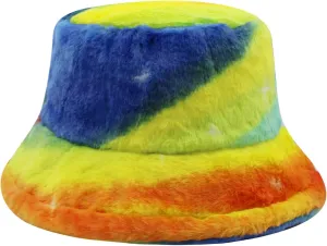 ZGMYC Women Girls Tie Dye Faux Fur Warm Bucket Hat Fuzzy Rainbow Winter Fisherman Cap