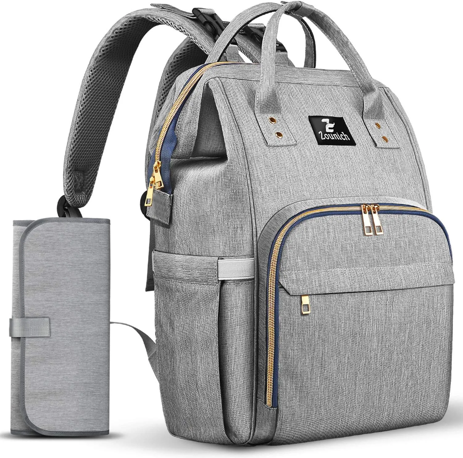 ZOUNICH Diaper Bag Backpack, Multifunction Waterproof Nappy Travel Bags with Diaper Changing Mat, Stylish Baby Bag with Thermal Pockets & Stroller Straps for Boys and Girls Gray