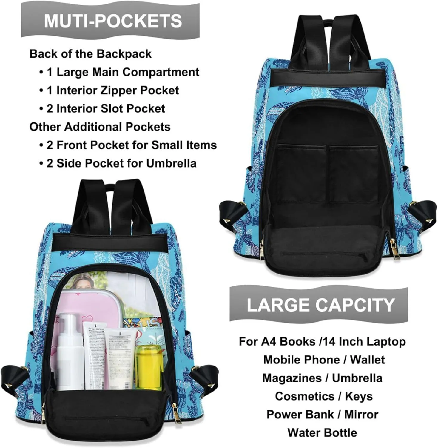 ZZKKO Whale Turtle Sea Horse Backpack Purse for Women Rucksack Anti Theft Fashion Travel Lightweight Ladies Shoulder Bag