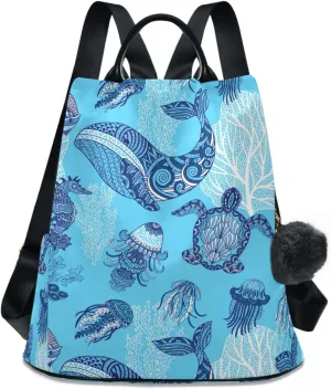 ZZKKO Whale Turtle Sea Horse Backpack Purse for Women Rucksack Anti Theft Fashion Travel Lightweight Ladies Shoulder Bag