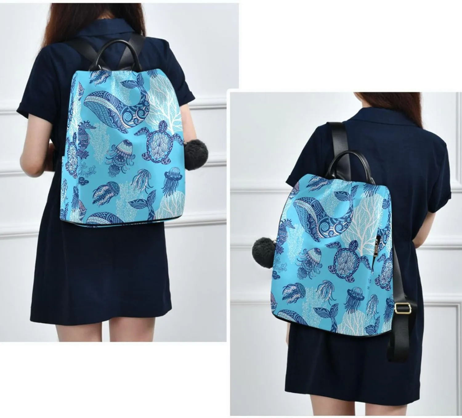 ZZKKO Whale Turtle Sea Horse Backpack Purse for Women Rucksack Anti Theft Fashion Travel Lightweight Ladies Shoulder Bag
